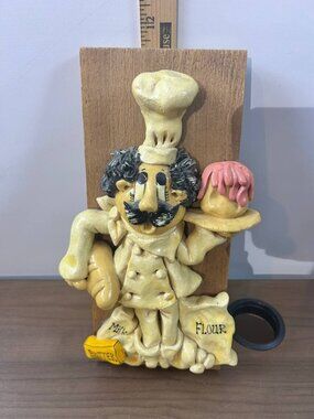 Vintage Handmade Ceramic Chef Kitchen Wall Plaque Milk Flour Butter Decor